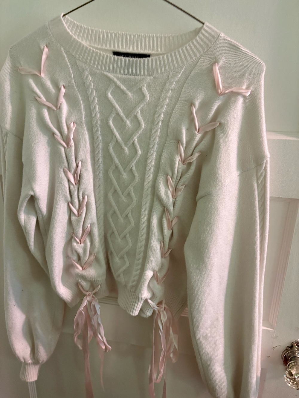 Forever 21 Women's Cream Cable Knit Sweater with Pink Ribbon Detail